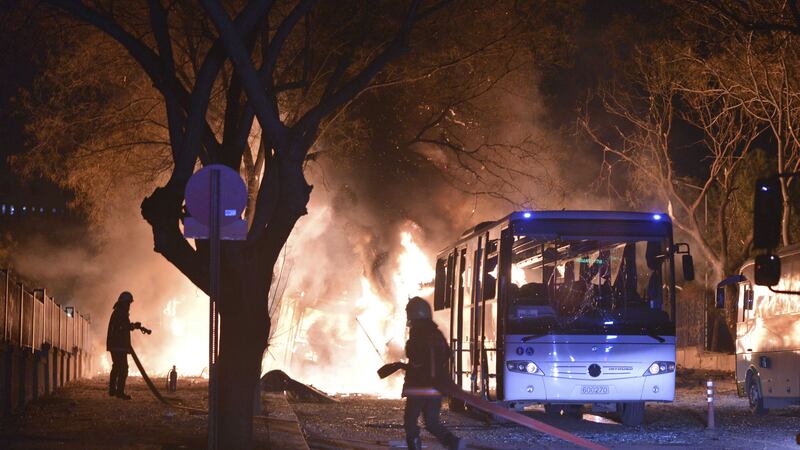 Firefighters work at a scene of blaze from an explosion in Ankara, Turkey. Picture by IHA via Associated Press&nbsp;