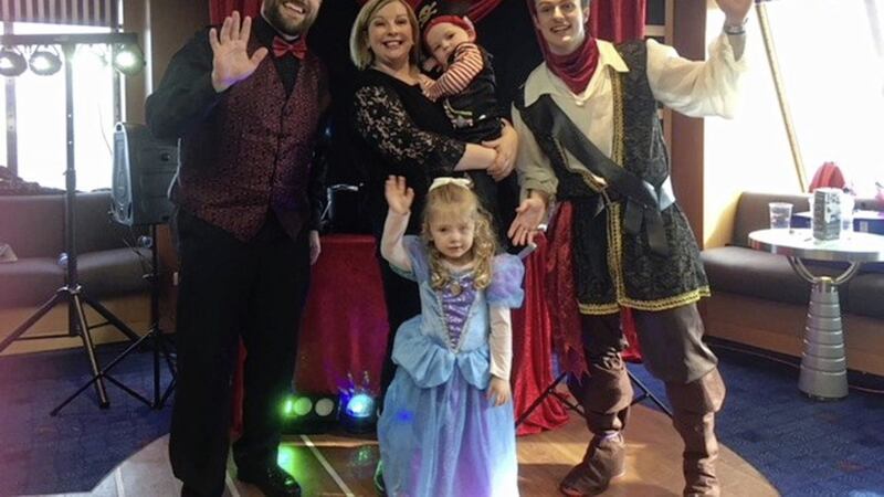 Marie Louise pictured with her children, James and Abbie, alongside John and Chris Braniff from Carnival Promotions, who kept the kids entertained on board the Stena Line Kids Cruise 