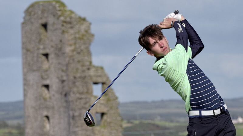 Tom McKibbin playing for Ireland in the 2019 Home International Matches at Lahinch Golf Club. 