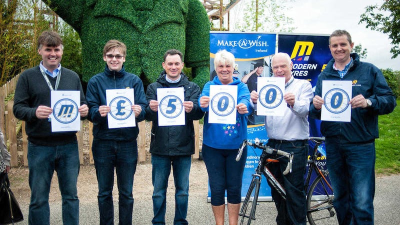 Charity cycle - pictured following the Modern Tyres 1,000 mile sponsored cycle around Ireland to raise funds for charity Make-A-Wish are, left to right, Modern Tyres staff: Shane Byrne, director; James Byrne, IT manager; Philip Hanlon, Republic of Ireland general manager; Gail McKee from Make-A-Wish; Charles Corscadden, group general manager; and Stephen Shaw, group sales and marketing manager 