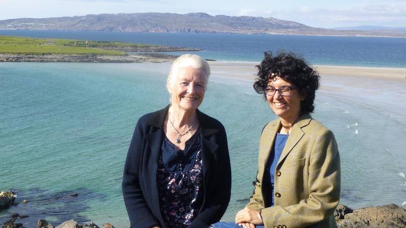 Brenda Mahon and Claudia McGinley with the island of Inniskeel behind them in the middle distance 