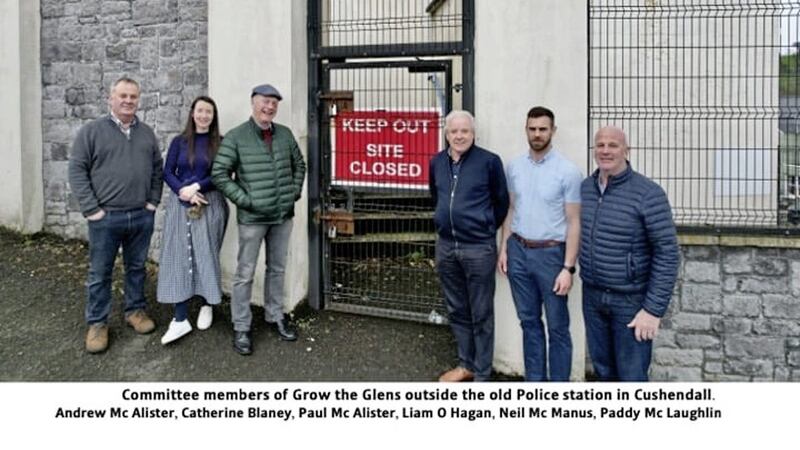 Neil McManus, second right, with other members of the Grow The Glens committee at the former PSNI station in Cushendall, which is due become a digital hub 