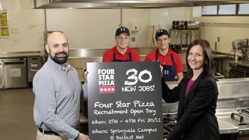 Scott Higginson, managing director of Four Star Pizza, is joined by team members, Adam McFarlane and Alex Tibuc, as well as Emma Morrison from Belfast Met to announce a new recruitment drive 