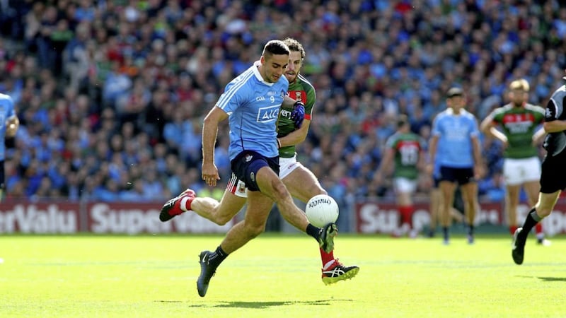 Dublin&#39;s James McCarthy and Tom Parsons of Mayo are both in the running for 2017 PwC GAA/GPA Football Allstars at midfield. Pic: Seamus Loughran 