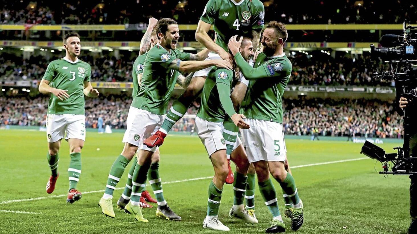 Republic of Ireland players celebrate as team-mate Conor Hourihane (second right) scores their side&#39;s goal against Georgia back in March 