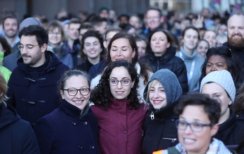 Google employees at its European headquarters in Dublin, Ireland, join others from around the world walking out of their offices in protest over claims of sexual harassment, gender inequality and systemic racism at the tech giant &nbsp;