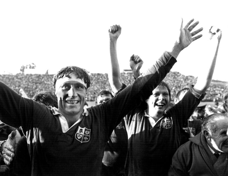 A triumphant Willie John McBride celebrates after captaining the Lions to win the test series in South Africa in 1974