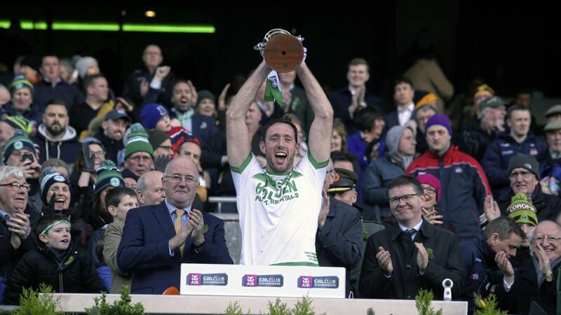 Michael Fennelly led Ballyhale Shamrocks to the Tommy Moore Cup last year, and the Kilkenny champions stayed on course to retain that title after defeating Slaughtneil on Sunday. Picture by Seamus Loughran 