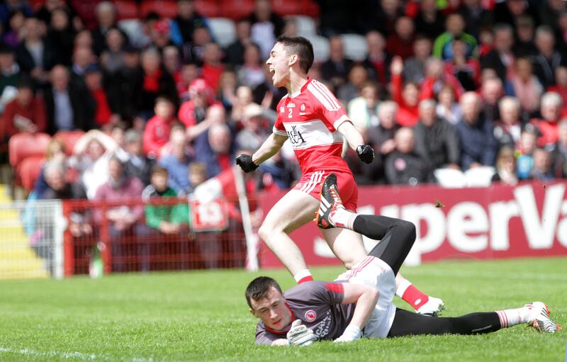<span style="font-family: Helvetica; ">Derry full-back Conor McCluskey, scoring here against Tyrone last year, was also selected in the Electric Ireland Minor Star football team of the year</span>
