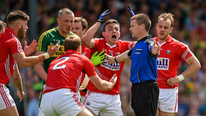 Cork's Mark Collins is furious after referee P&aacute;draig Hughes awards a penalty to Kerry in the latter stages of Munster's SFC final&nbsp;<br />Picture: Sportsfile&nbsp;