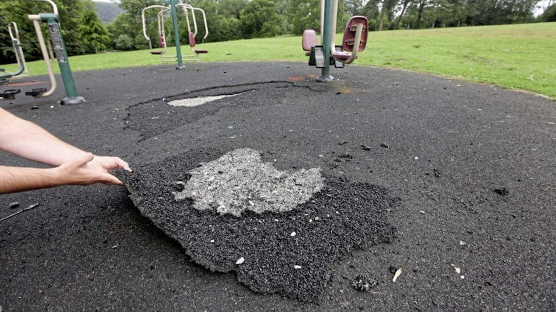 Vandals ripped up part of the playpark in Falls Park. Picture by Ann McManus 