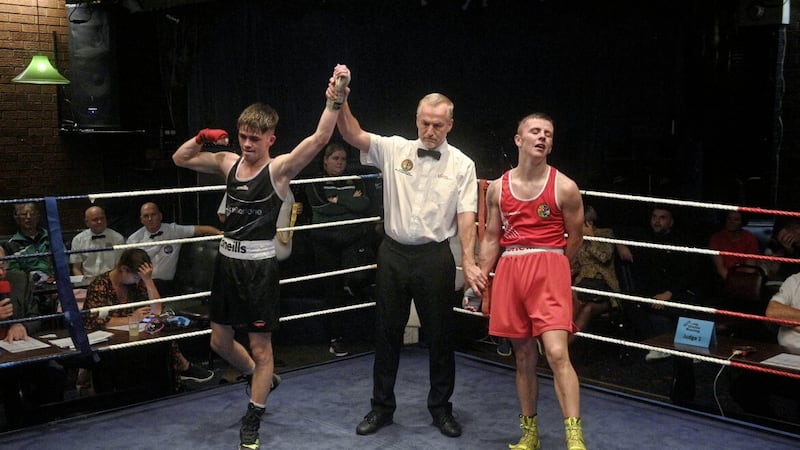 Rathfriland&#39;s Donagh Keary had his hand raised at the end of an entertaining bout against Derry&#39;s Tiarnan Glennon in last Thursday&#39;s Ulster senior featherweight final. Picture by Mark Marlow 