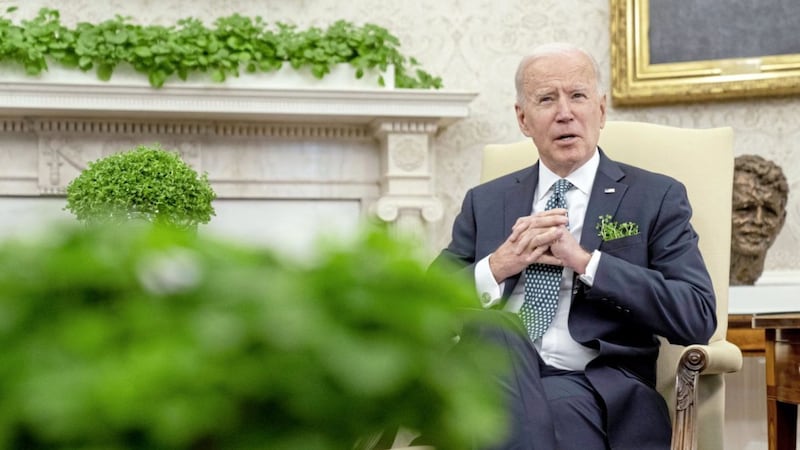 President Joe Biden&#39;s administration has stuck to peace process platitudes on the Good Friday Agreement and explained it cannot take sides on the protocol because both sides, the EU and UK, have agreed it. (AP Photo/Andrew Harnik) 
