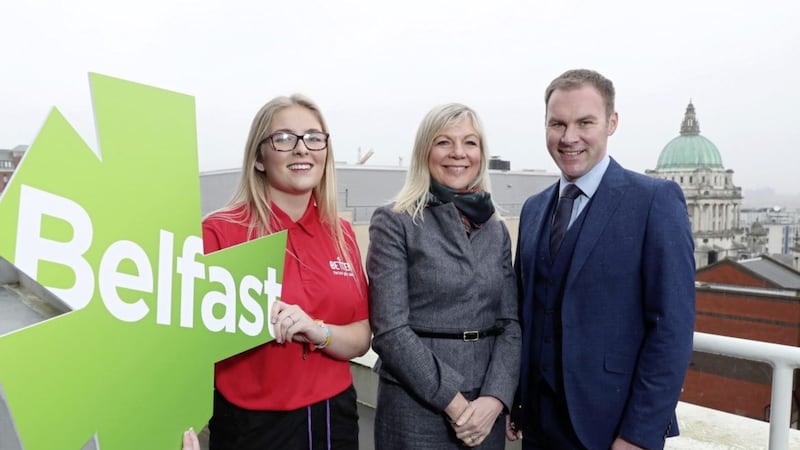 Announcing 75 new jobs for Belfast are GLL regional director Gareth Kirk and Council chief executive Suzanne Wylie with Devon Small from GLL 