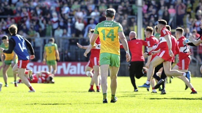 Donegal captain Michael Murphy on the final whistle after being beaten by Derry in the Ulster final at Clones  Picture: Margaret McLaughlin 