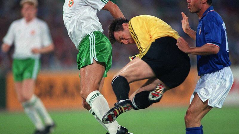 1990 World Cup quarter-final: Republic of Ireland keeper Packie Bonner saves while Italy's Salvatore Schillaci, the man who broke Irish hearts in this match, waits ready to pounce in the Stadio Olimpico in Rome. There were 73,303 in the stadium that evening, around 15,000 of them passionate Irish supporters<br />&nbsp;