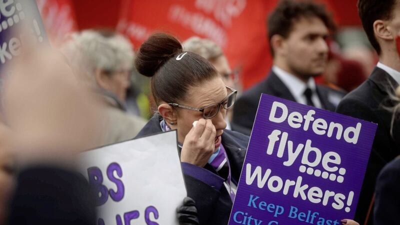 Flybe workers protesting at Stormont after the airline collapsed in March. Picture Mark Marlow. 