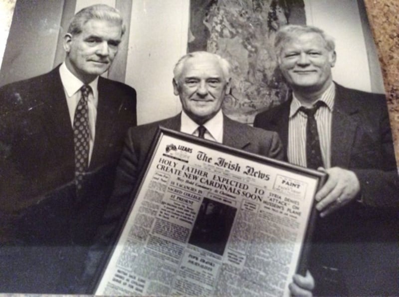 Jimmy McKinney with Irish News chairman Jim Fitzpatrick and former production manager Peter O&#39;Reilly 