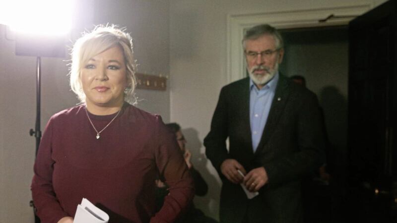 Michelle O&#39;Neill and Gerry Adams prepare for a press conference at Stormont yesterday. Picture by Hugh Russell 