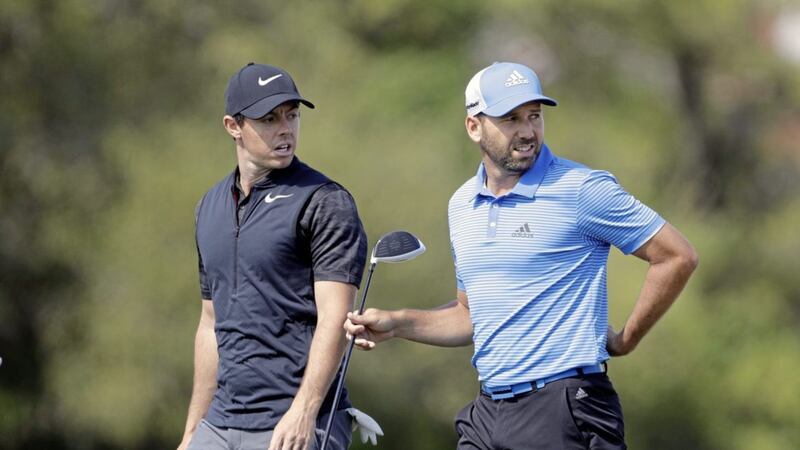 Rory McIlroy and Sergio Garcia have a look round Austin Country Club yesterday ahead of the start of the WGC-Dell Matchplay Championship today Picture: AP 