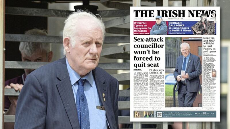 Antrim and Newtownabbey councillor Brian Duffin, and inset, how The Irish News reported on his sentencing 