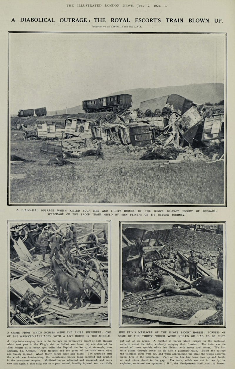 An IRA bomb squad derailed a troop train at Adavoyle on the Louth/Armagh border two days after the opening of the parliament in an attack that killed four soldiers and 80 horses. The Illustrated London News reported the event 