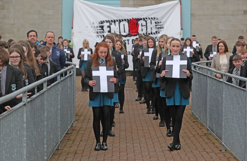 Pupils at St Ciaran’s College in Ballygawley launch a campaign relating to deaths on the A5 Road. PICTURE COLM LENAGHAN