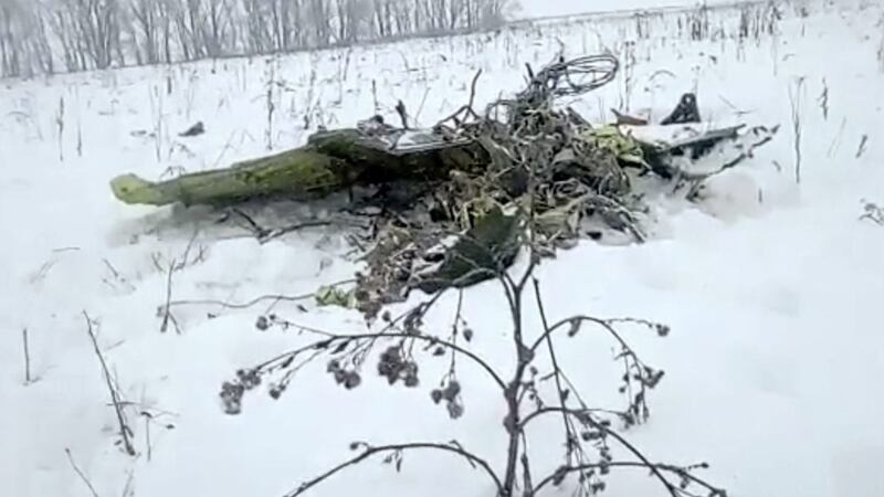 The wreckage of the AN-148 plane is seen in Stepanovskoye village, about 40 kilometers (25 miles) from Domodedovo airport, Russia, Sunday PICTURE: Life.ru via AP 