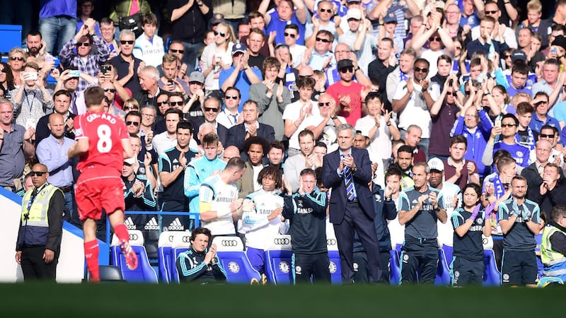 Steven Gerrard receives a standing ovation from Chelsea boss Jose Mourinho and the Chelsea fans at Stamford Bridge 
