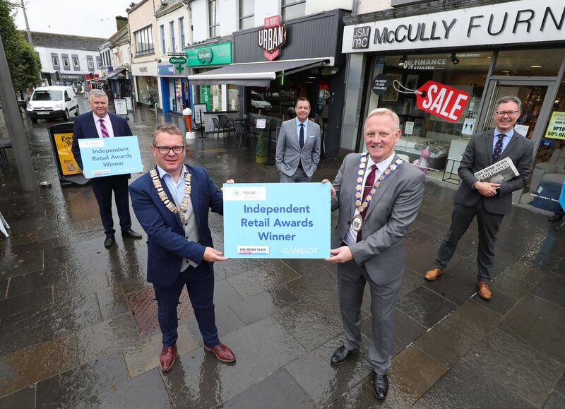 Derek Wright Newtownards Chamber of Commerce President and Trevor Cummings, Mayor of Ards and North Down receiving the Gold High Street of the Year award for Newtownards, pictured with John Brolly, Irish News, Glyn Roberts, Retail NI, and Gary McDonald, Irish News.&nbsp;