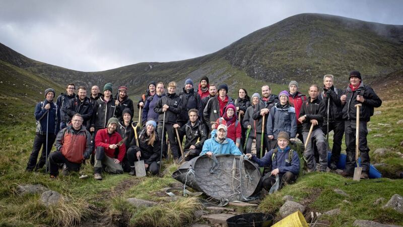Rangers from National Trust, North Lakes District National Trust footpath team, Mourne Heritage Trust and a mountain path specialist from Upland Access Ltd at the conservation project at the iconic Glen River path to Slieve Donard