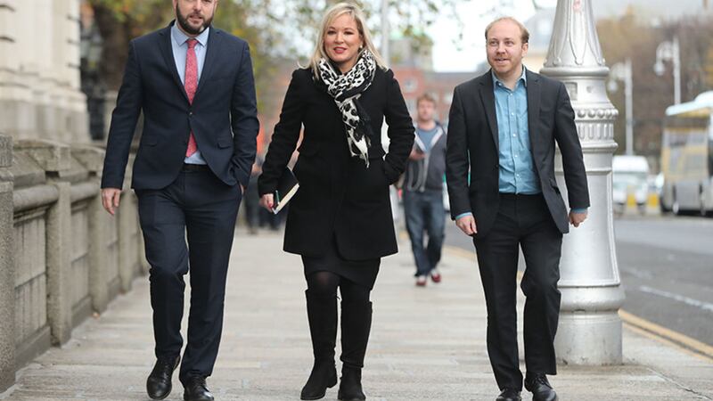 SDLP Leader Colm Eastwood, Sinn F&eacute;in Deputy Leader Michelle O'Neill and Northern Ireland Green Party Leader Steven Agnew, arrive for a Brexit briefing with Taoiseach Leo Varadkar at Government Buildings in Dublin &nbsp;