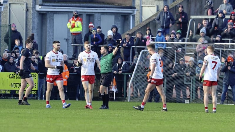Marching orders. Referee David Gough issued red cards to Tyrone quartet Padraig Hampsey, Peter Harte, Michael McKernan and Kieran McGeary. Pic Philip Walsh 