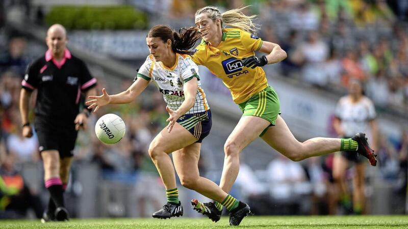 Emma Troy of Meath in action against Yvonne Bonner of Donegal during the TG4 All-Ireland Ladies Football Senior Championship semi-final match at Croke Park Picture: Stephen McCarthy/Sportsfile 