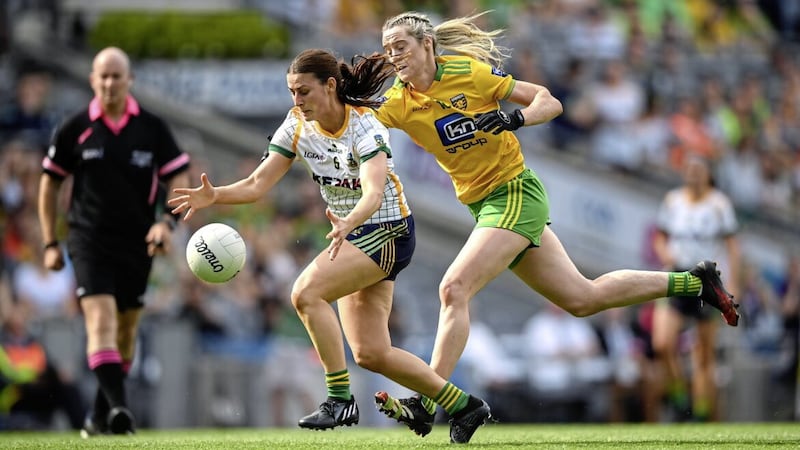 Emma Troy of Meath in action against Yvonne Bonner of Donegal during the TG4 All-Ireland Ladies Football Senior Championship semi-final match at Croke Park Picture: Stephen McCarthy/Sportsfile 