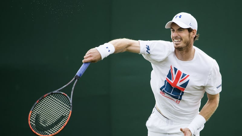 Andy Murray takes part in a practice session at the All England Club yesterday