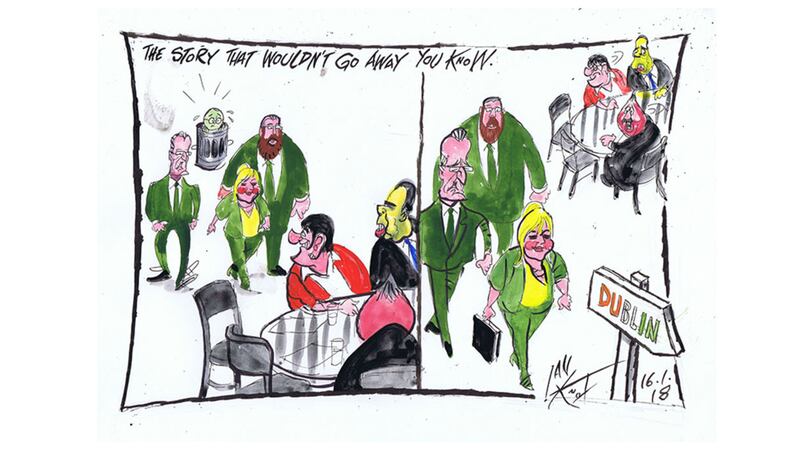 Ian Knox cartoon 16/1/17: Whether from inner or outer pressure Barry McElduff resigns. Sinn F&eacute;in is thought to have been more concerned with southern perceptions of the story that wouldn't go away following an RT&Eacute; interview with Alan Black&nbsp;
