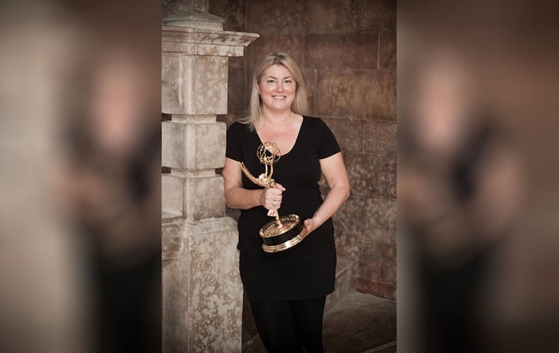 <span style=" font-family: Arial, sans-serif;">Make-up artist Pamela Smyth on set with her Emmy Award. Picture by Helen Sloan&nbsp;</span>