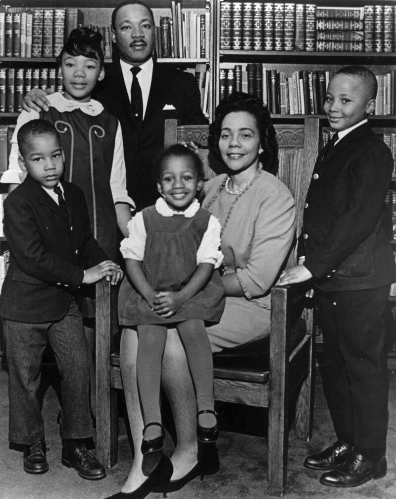 From left: Dexter King, Yolanda King, Martin Luther King Jr, Bernice King, Coretta Scott King and Martin Luther King III in 1966 (Atlanta Journal-Constitution via AP)