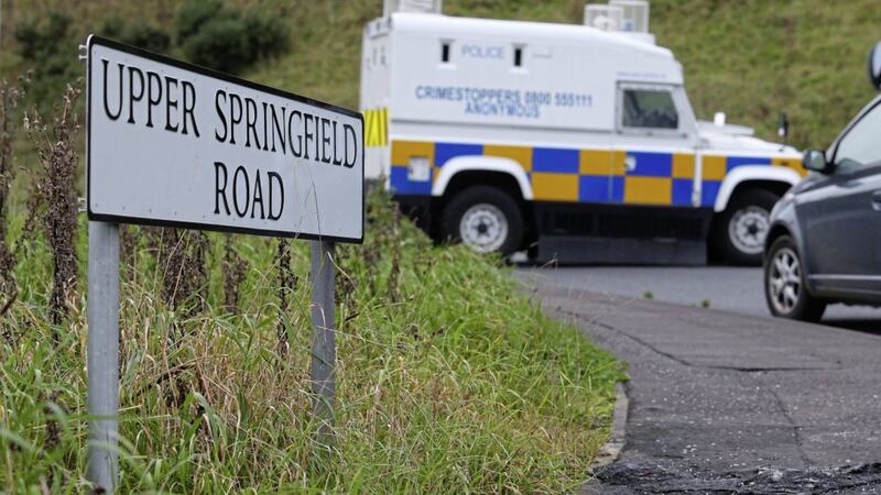 Upper Springfield Road in west Belfast was closed during a security alert. Picture by Alan Lewis, Photopress 