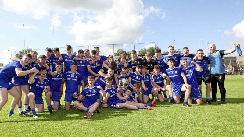 The victorious Monaghan squad celebrate after lifting the Electric Ireland Ulster Minor Football Championship title with a win over Tyrone on Sunday July 14 2019. Picture by Philip Walsh. 
