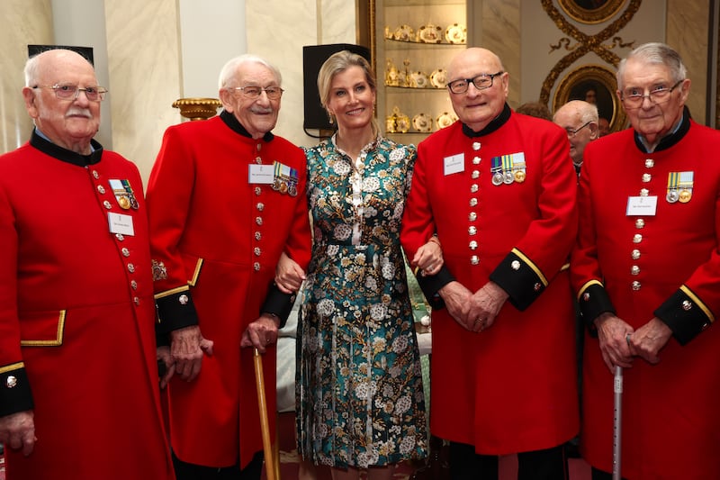 The Duchess of Edinburgh spoke to Chelsea Pensioners at the reception, including Trevor John, far right