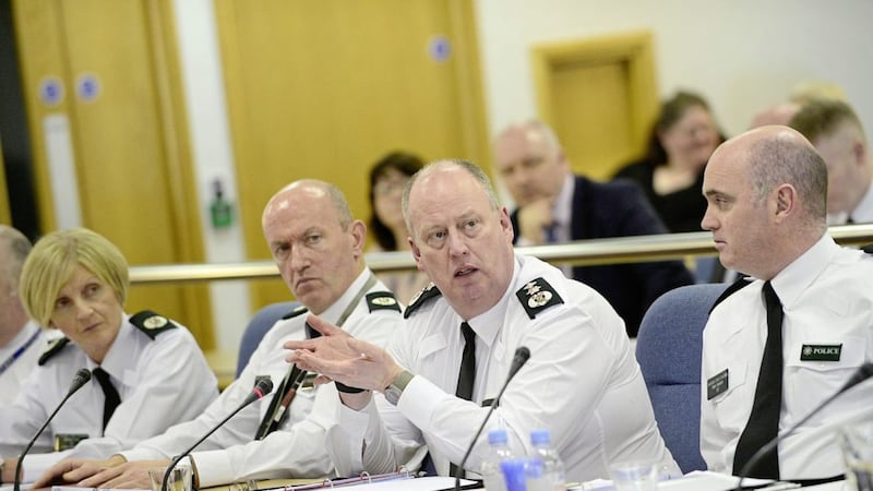 PSNI Chief Constable George Hamilton pictured talking members of the Northern Ireland Policing Board during a meeting in Belfast. Picture By: Arthur Allison.. 