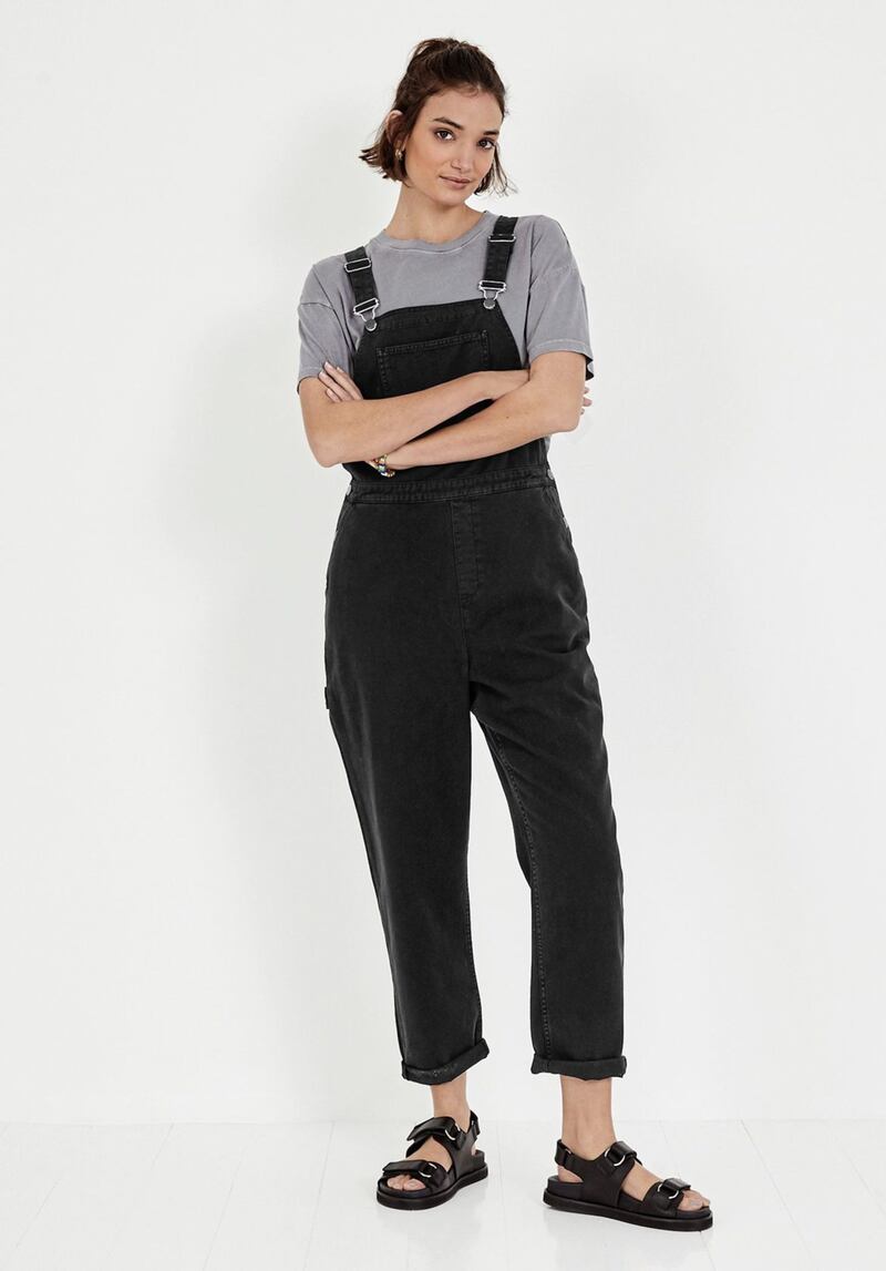 Hush Brier Cotton Twill Dungarees, &pound;89; Bria Boxy Cotton T-shirt, &pound;27; Doby Chunky Sandals, &pound;110, available from Hush 