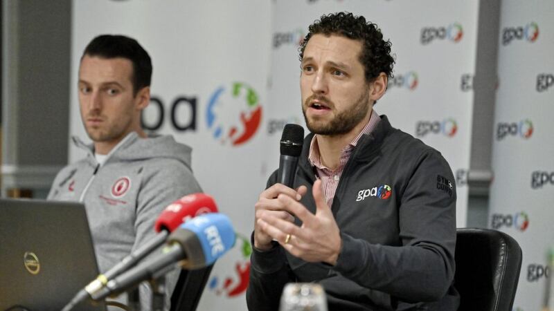 GPA CEO Tom Parsons and national executive committee member and Tyrone footballer Niall Morgan, speaking at a GPA Media Conference. Photo by Brendan Moran/Sportsfile. 