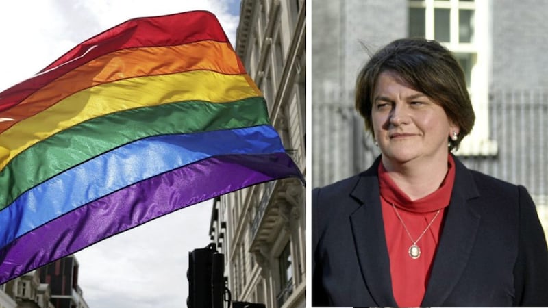 The rainbow flag, and right, DUP leader Arlene Foster 