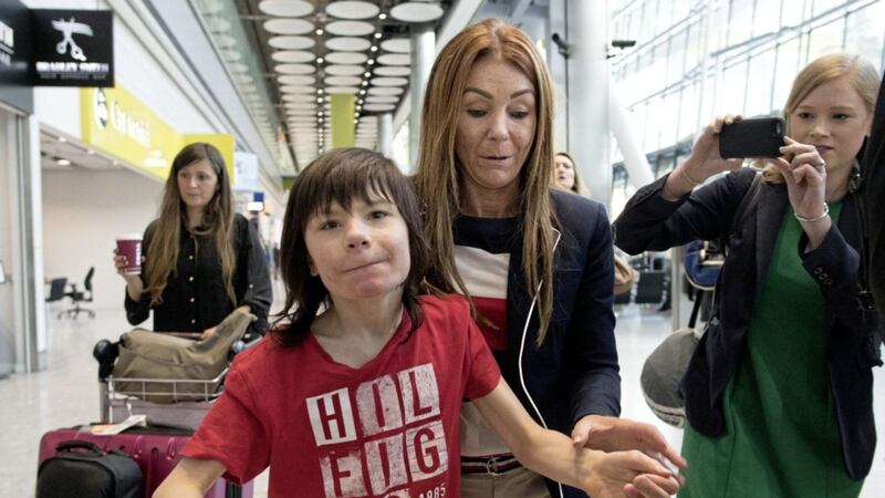 Charlotte and Billy Caldwell at Heathrow after having cannabis oil used to treat his epilepsy confiscated Picture: PA
