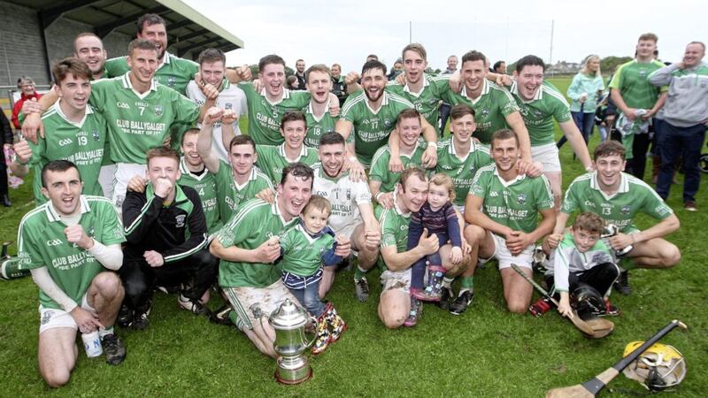 Ballygalget players enjoy their second consecutive Down hurling crown Picture by Philip Walsh