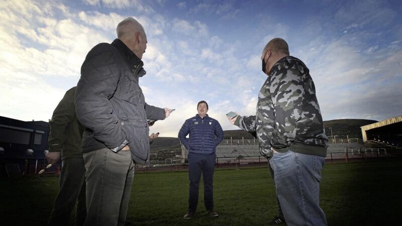 Antrim boss Darren Gleeson speaks to reporters at Corrigan Park yesterday, as the Saffrons prepare for their Joe McDonagh Cup final date with Kerry at Croke Park. Picture by Hugh Russell 