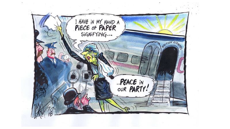 <strong>BREXIT </strong>Ian Knox cartoon<strong>&nbsp;</strong>7/7/2018 -<strong>&nbsp;</strong>Theresa May returns from a Brexit meeting of senior Tories at Chequers bloodied but unbowed